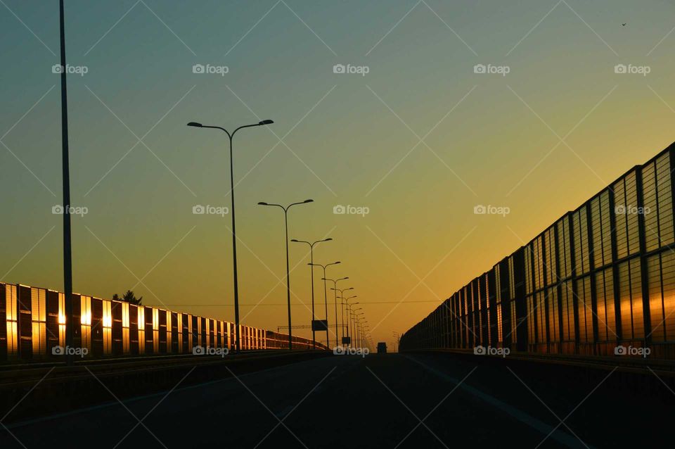 Golden hour during sunrise  on the expressway in Poland