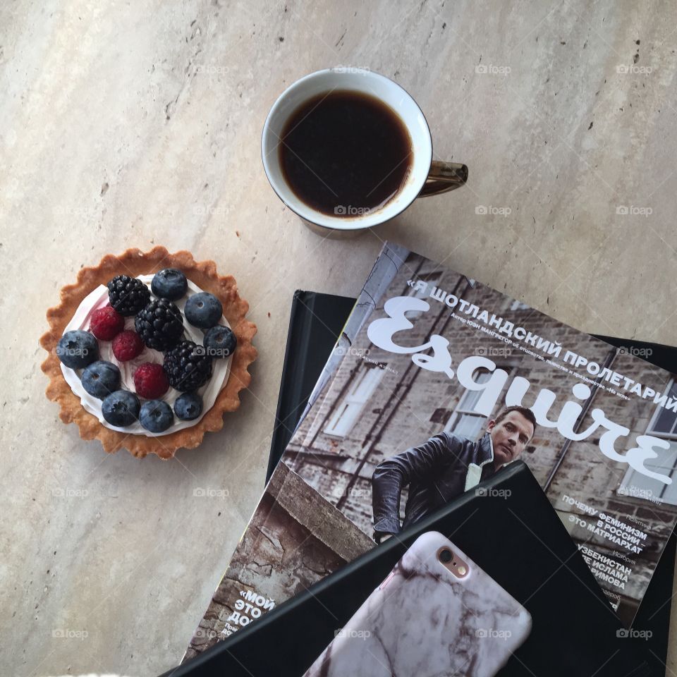 Composition coffee magazine esquire food cake sweet delicious 
