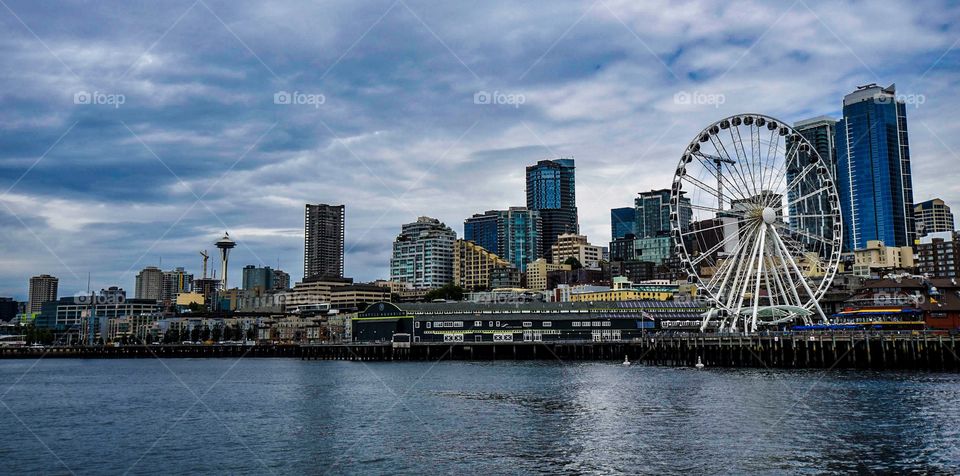 View of downtown Seattle from the water ferry. 
