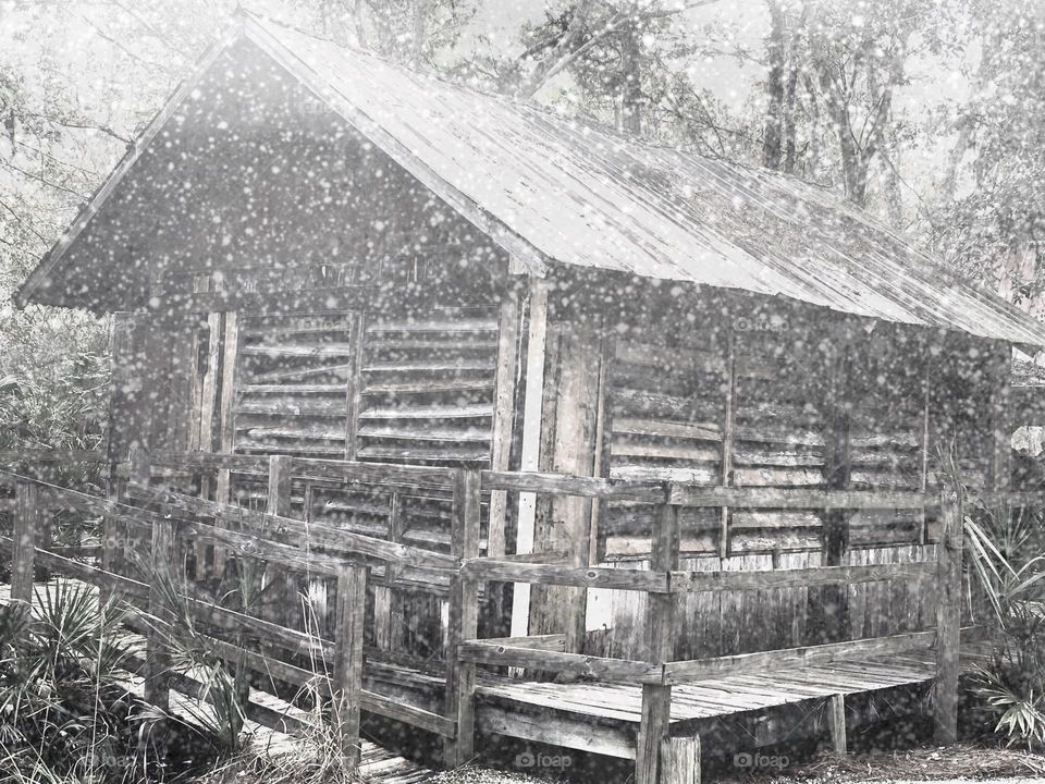 Rustic cabin on a snowy day.