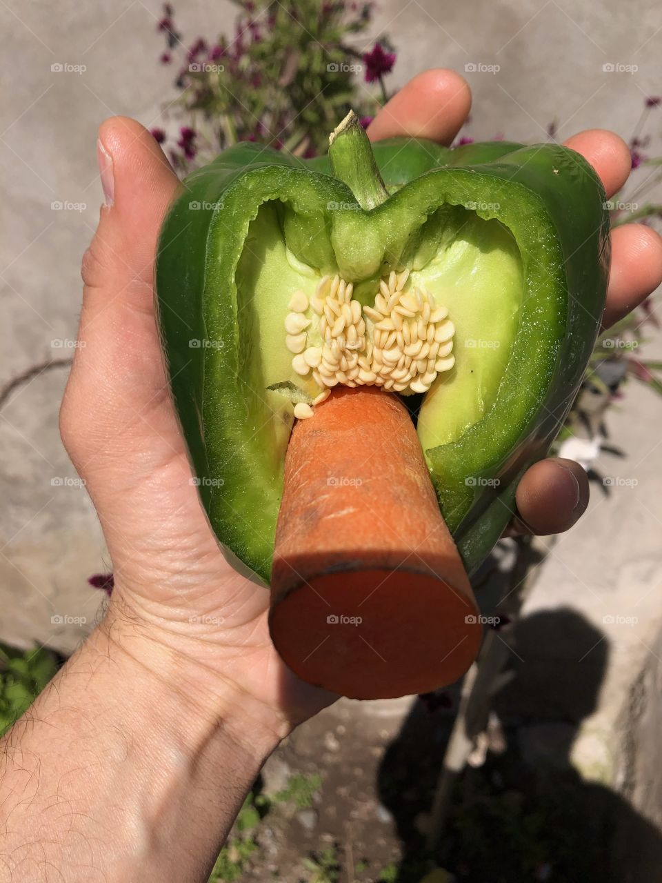 bell pepper, halved with a carrot stuck in it