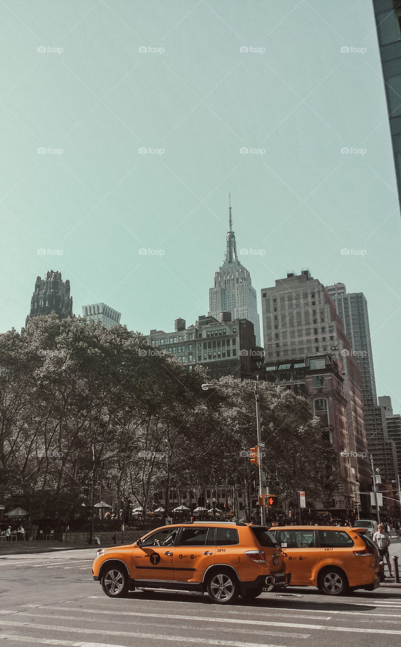 Cityscape with taxis in New York City 