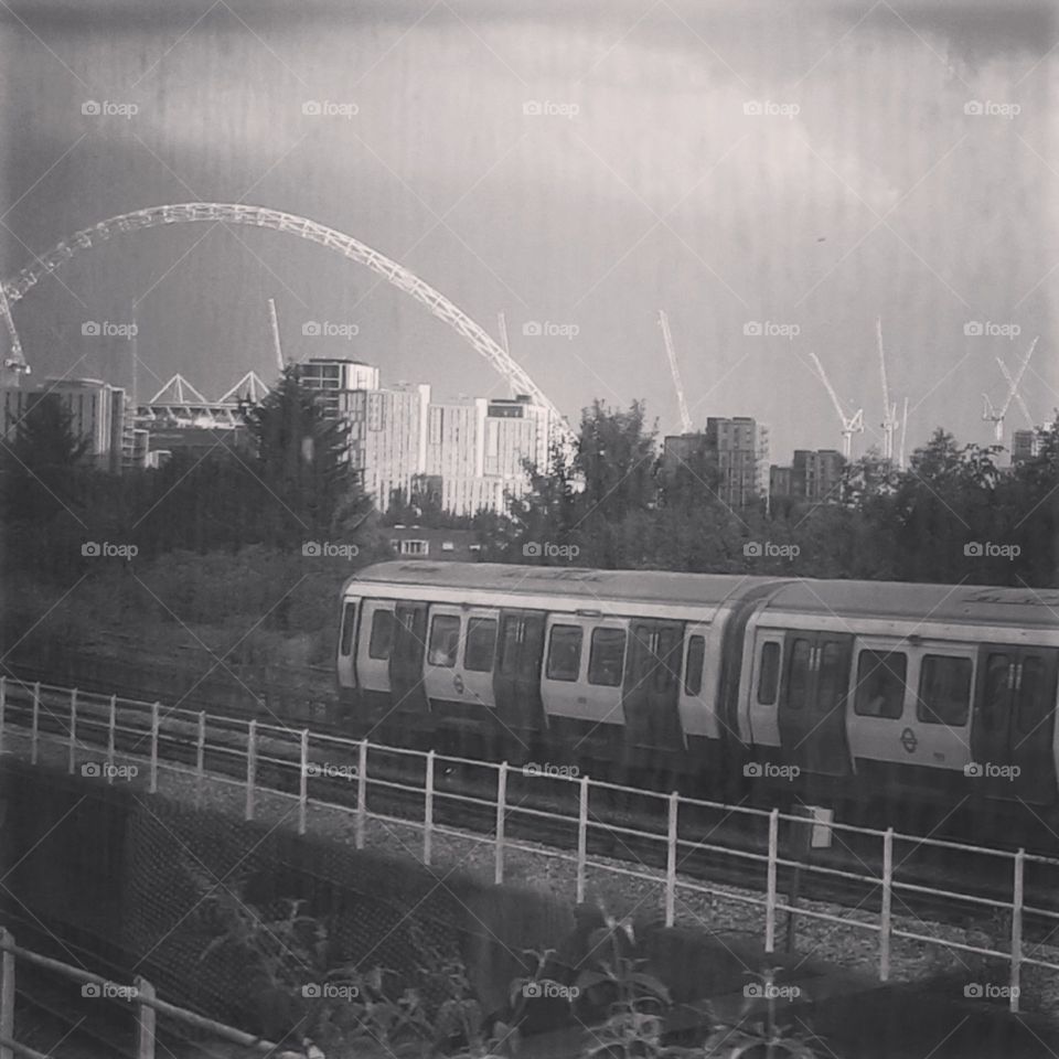 View from a tube train. Metropolitan  Line Wembley Stadium. London Transport TFL Black and White.