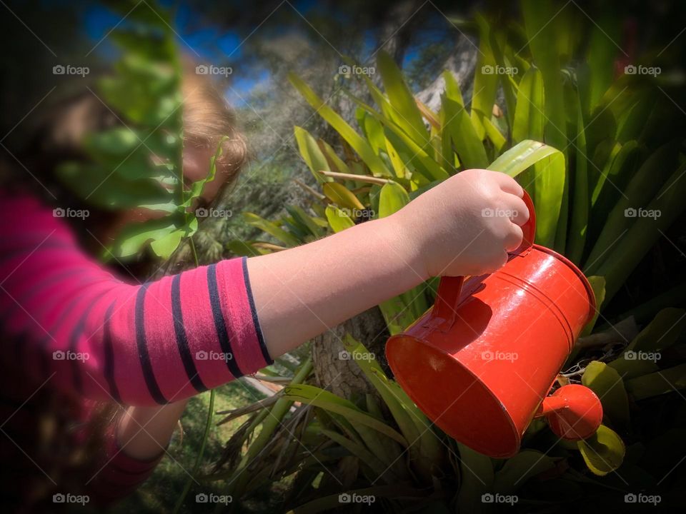 Child Watering Trees And Plants Under The Sun 