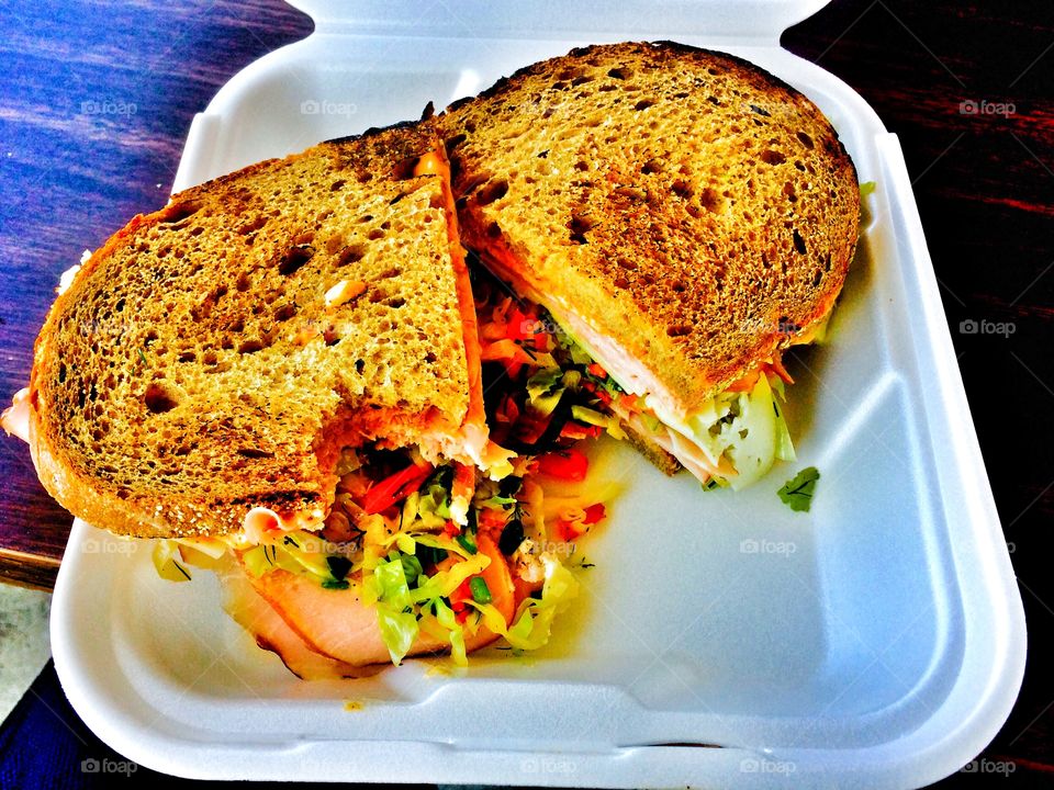 High angle view of fresh food in disposable box