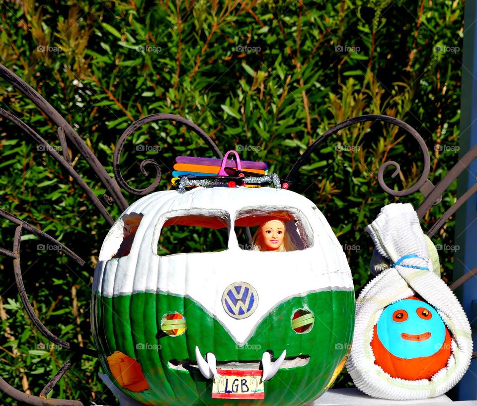 Trick-or-Treat - Volkswagen Bus shaped Pumpkin With a passenger