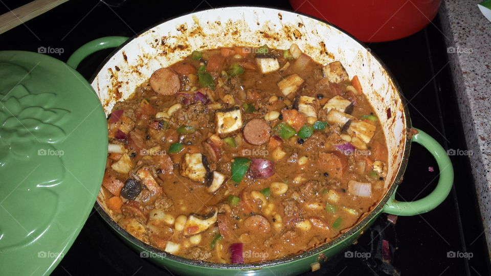 chili. mushroom, smoked sausage, beef, burger, vegetable chili after a cold weekend.