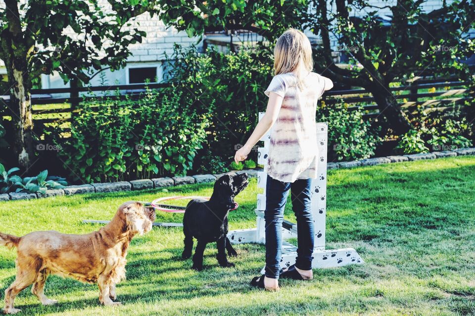 Girl and dogs in the garden