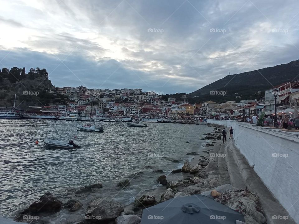 Evening in in the town of Parga, Greece /Famous small town in Greece / Greek evening by the Ionian sea