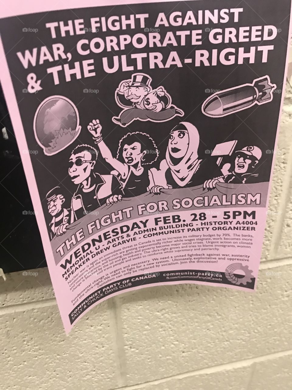 A poster advertising an event of the communist party of Canada’s chuck sally Davis club, the St. John’s, NL (Newfoundland and Labrador), Atlantic canadian chapter of that federal political chapter. The theme is current events and rise of far right
