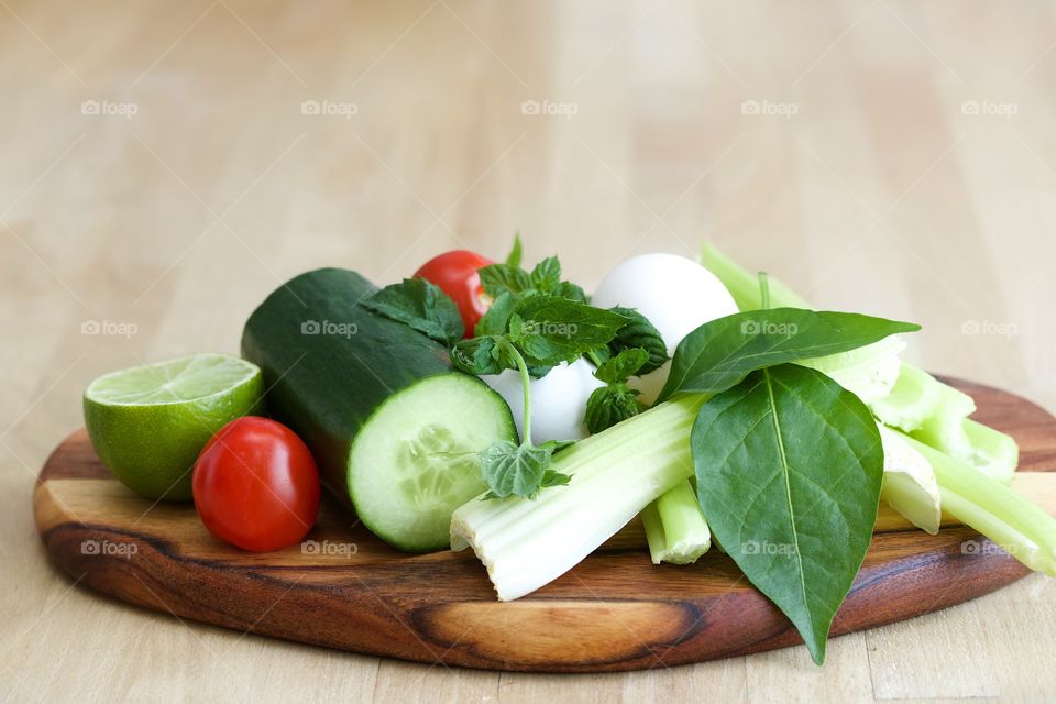 Fresh vegetables, cucumber, mint, tomatoes, celery,