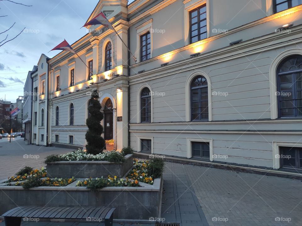 Cacak Serbia town hall in autumn evening