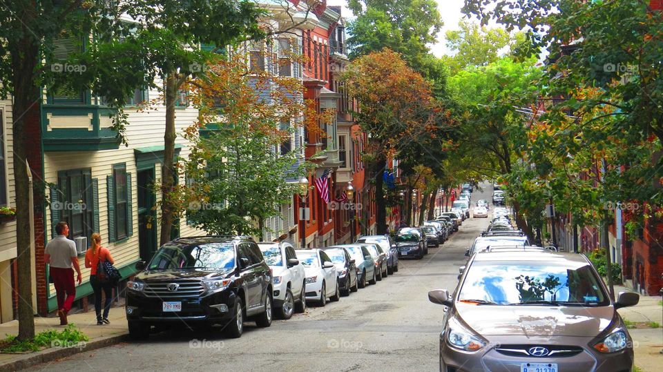 Boston, Charlestown. Typical Boston architecture depicted in one Summer afternoon