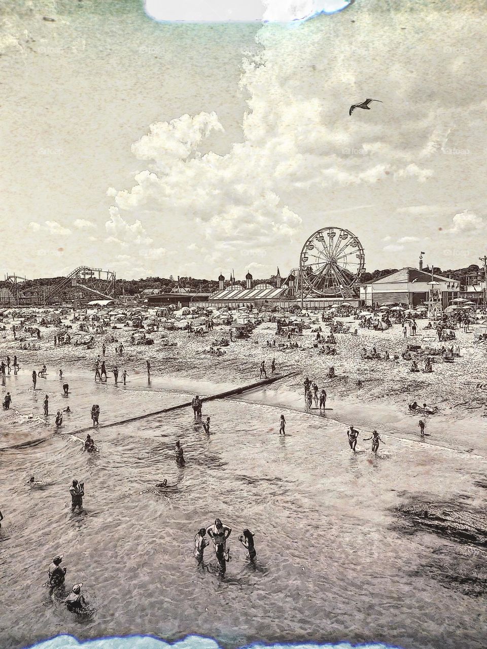 Old Orchard Beach, beach in the middle of summer, iconic Maine beach, beach in Maine, old fashioned beach scene 