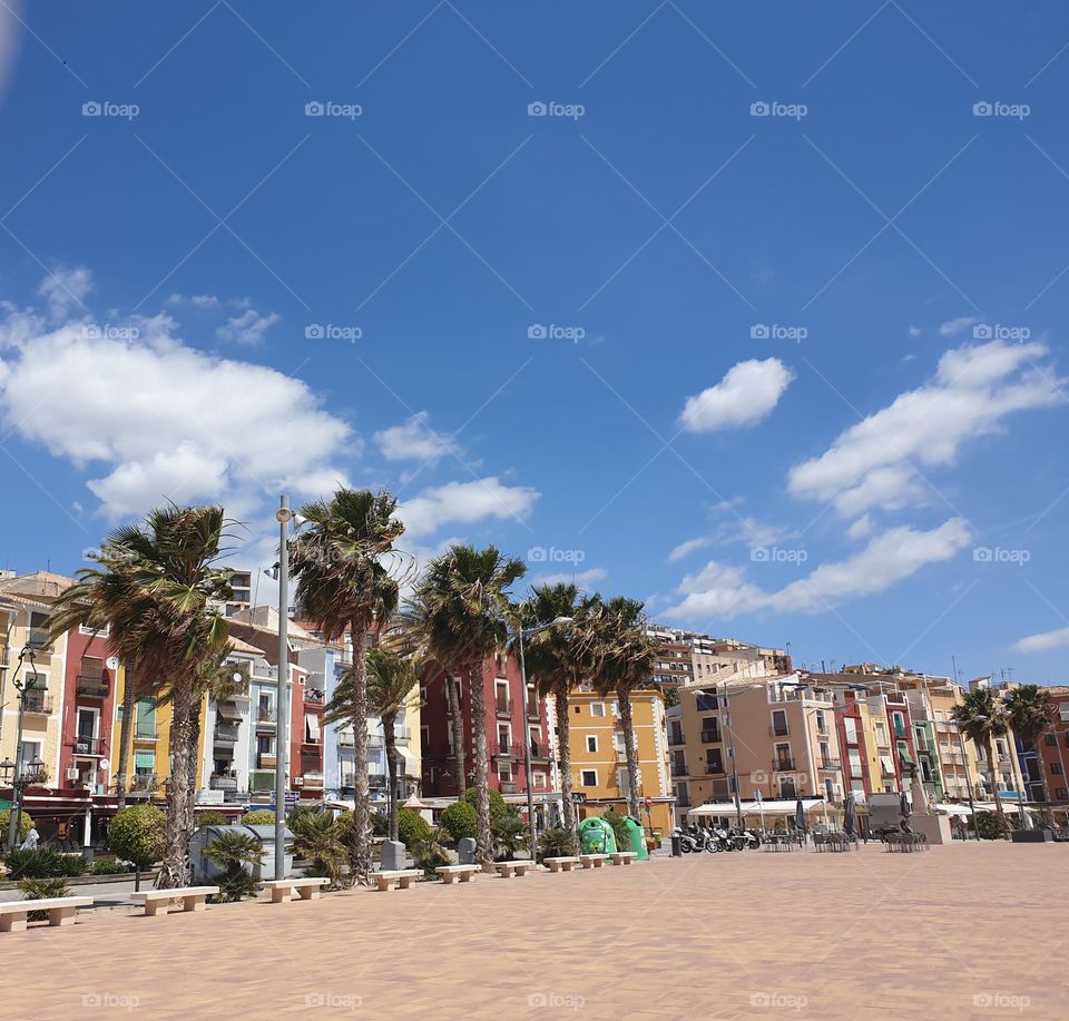 Town#houses#colors#beach#palms#sky