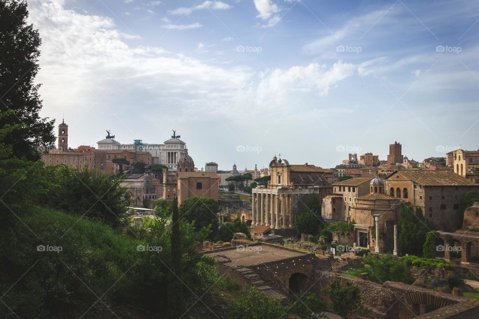 A landscape portrait of the forum romanum in Rome Italy. the picture looks almost like a painting.