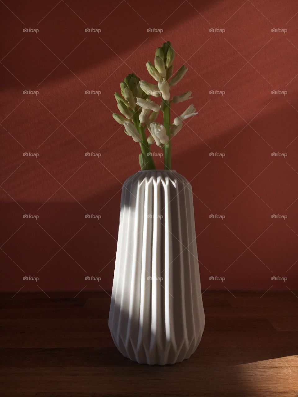 Exotic flower in White Vase on wooden table. The sunny background is pink and orange   