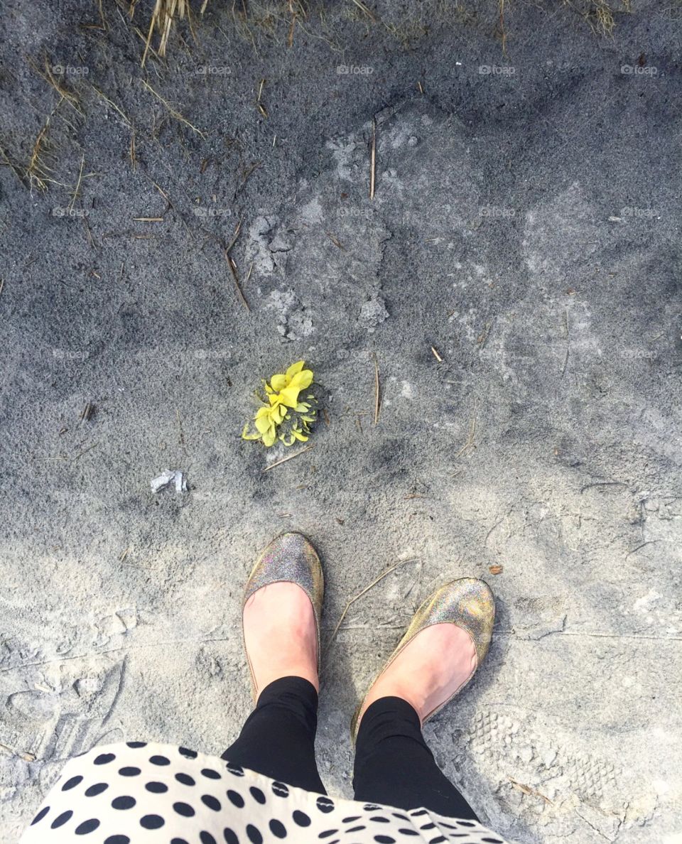 Female standing next to yellow flower in the sand. 