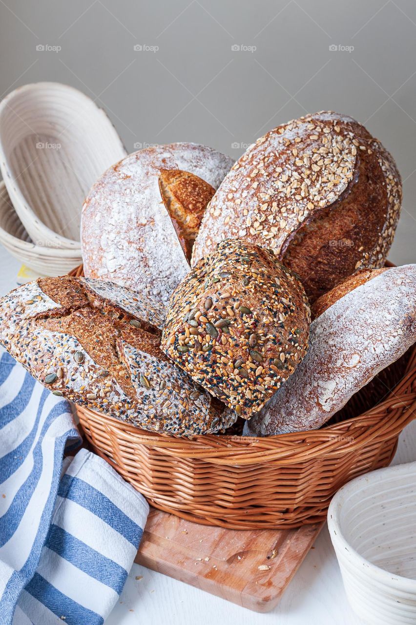 Selection of freshly baked organic sourdough loafs of bread.