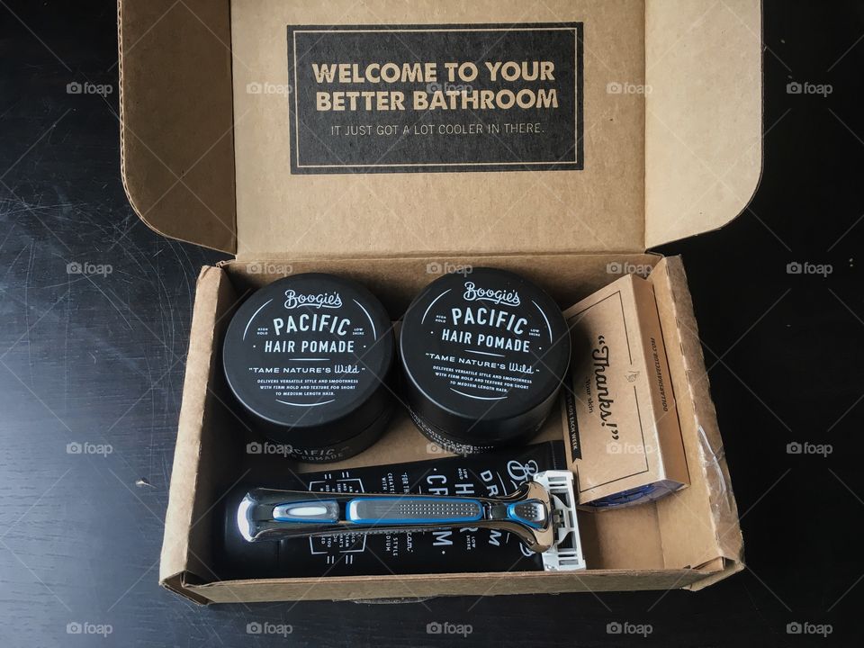 In boxing some new hair care products from Dollar Shave club.