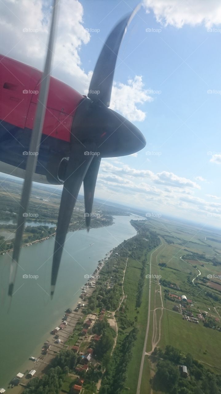 Plane view over Belgrade and Danube river