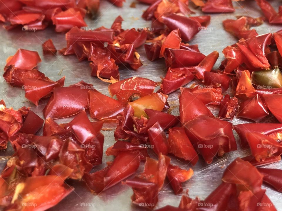 Are these a handful of red bell peppers waiting to dry up or a school of free red fishes swimming in silver waters? Where is the borderline between reality and fantasy, between despair and hope?