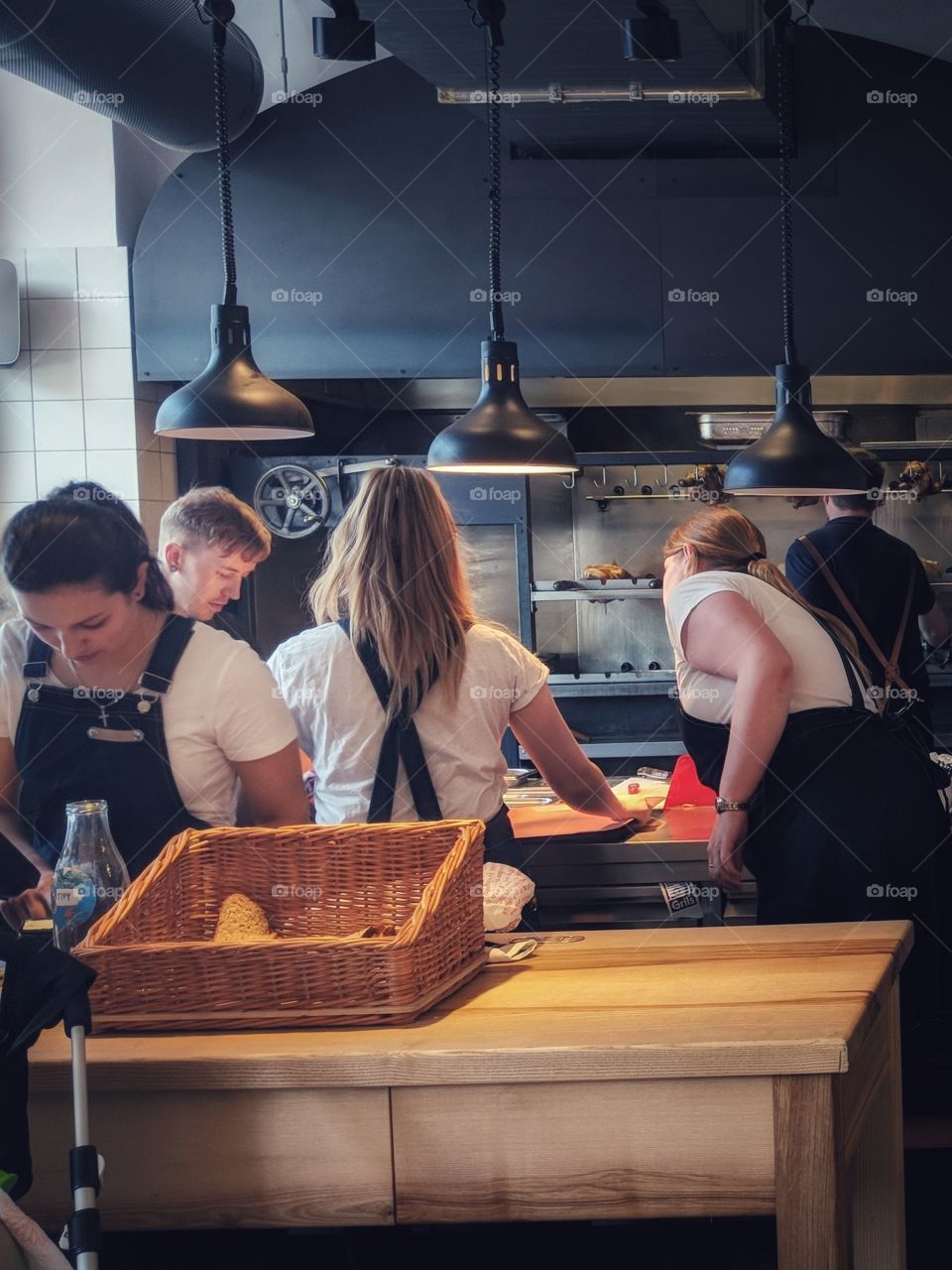 Active cooking time in the open kitchen of a restaurant in Prague