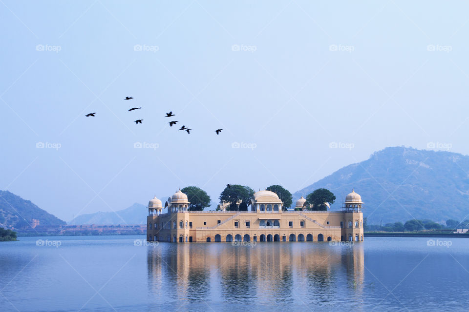 Jal Mahal in Jaipur, Rajasthan, India. It's name 'Jal Mahal' simply means the palace on water.
