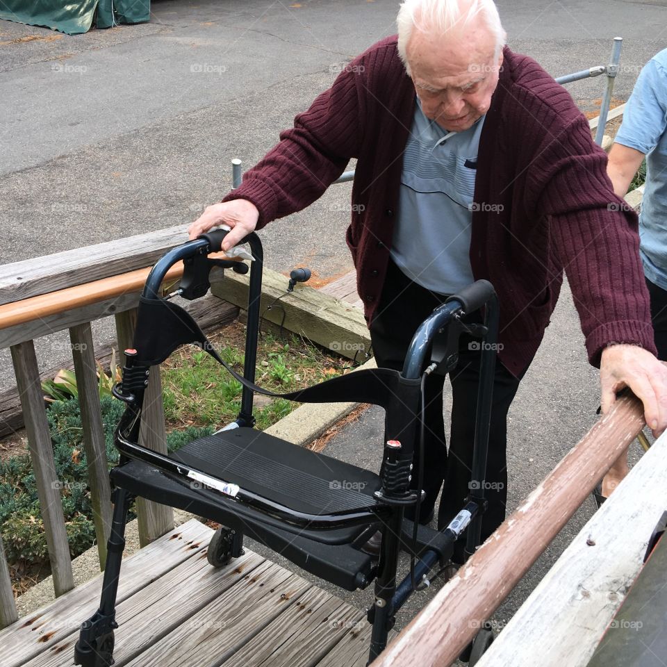 Senior citizen Using Walker To Walk Up Ramp, Old, Grandfather Visiting!
