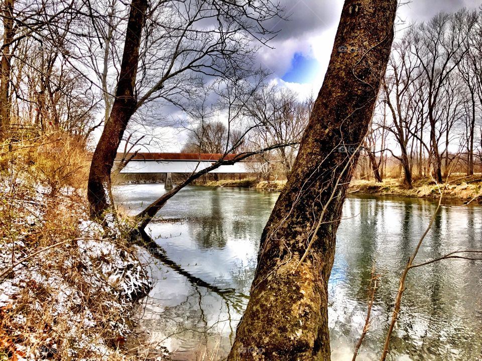Covered bridge view after some snow