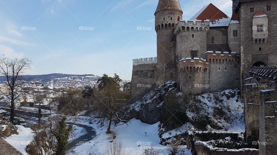 Corvin Castle, river, snow, Hunedoara, Romania