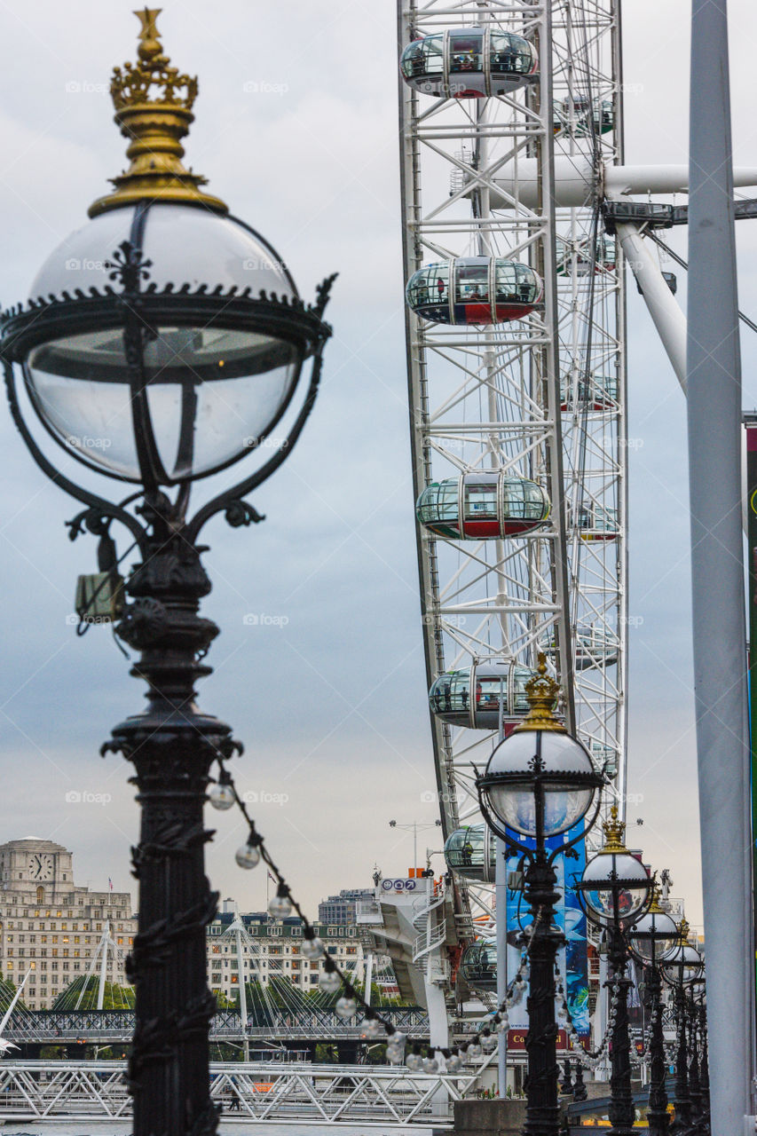 Closeup of London Eye in London.