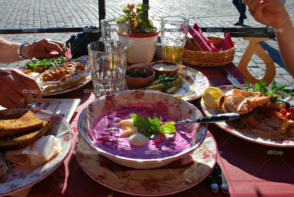 Family Meal at a Restaurant. Borscht in Tallinn Old Town, Estonia, Europe 