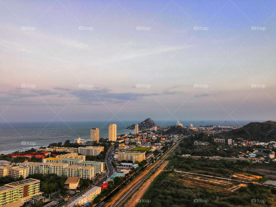 A panorama of hotels on the coast of the Gulf of Thailand from above