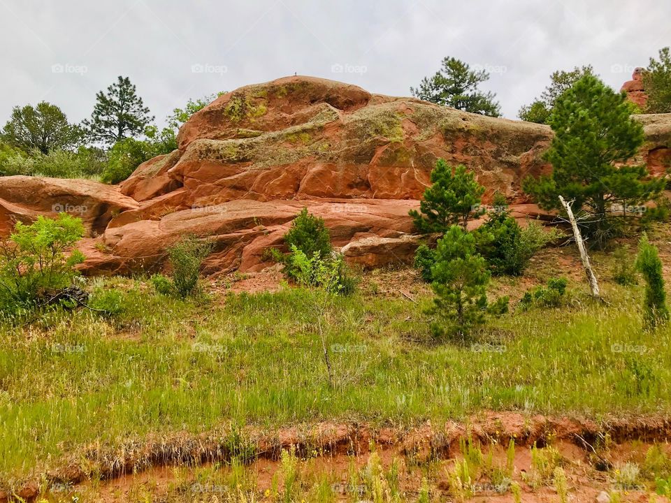 Rock formation at red rock open space in Colorado Springs, Colorado on an overcast summer day