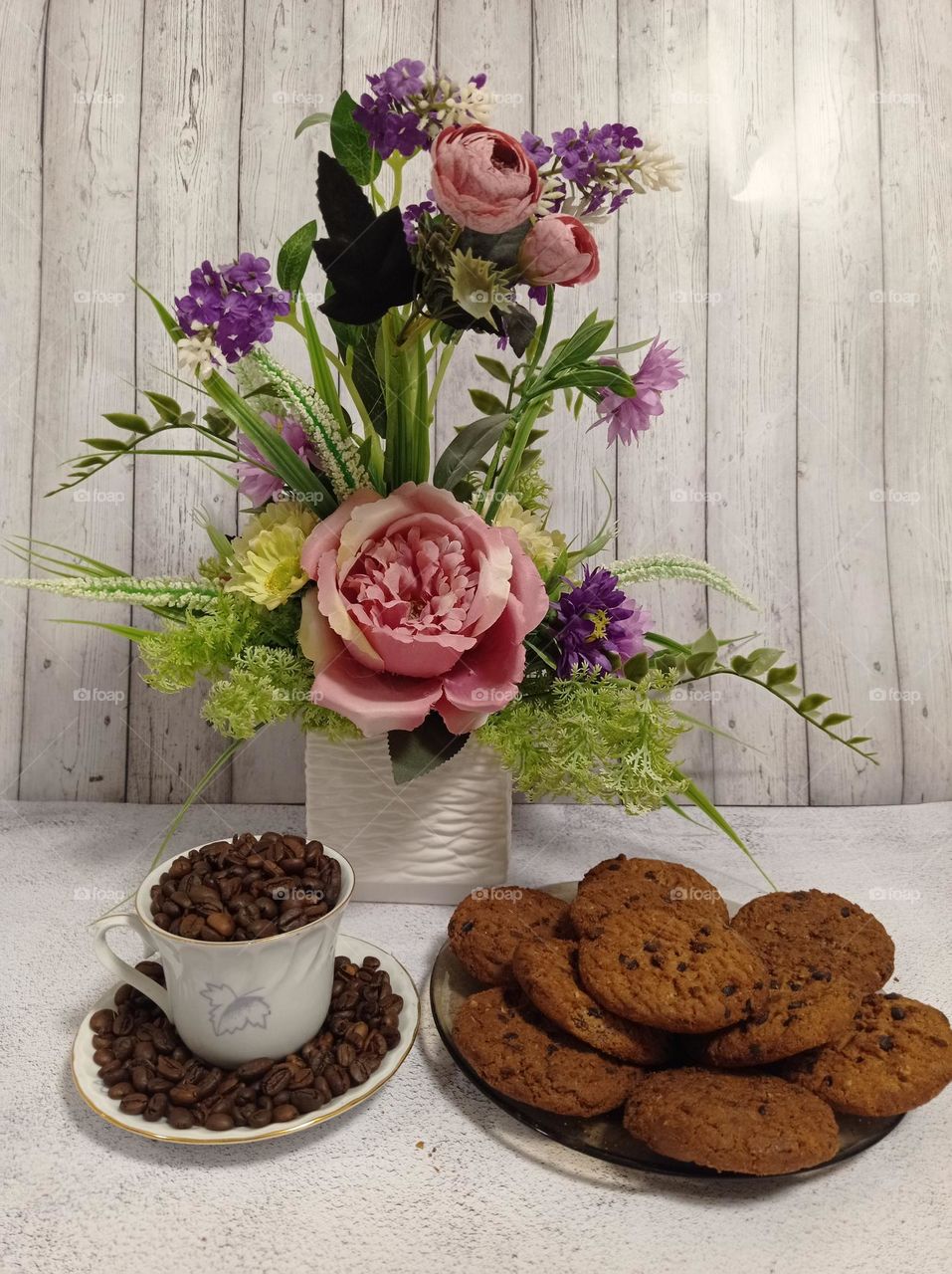 coffee, biscuits and flowers