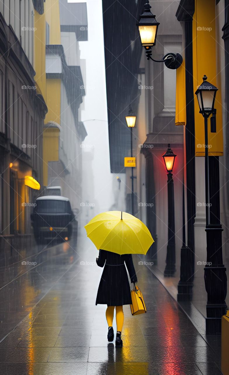 Woman under rain in yellow umbrella