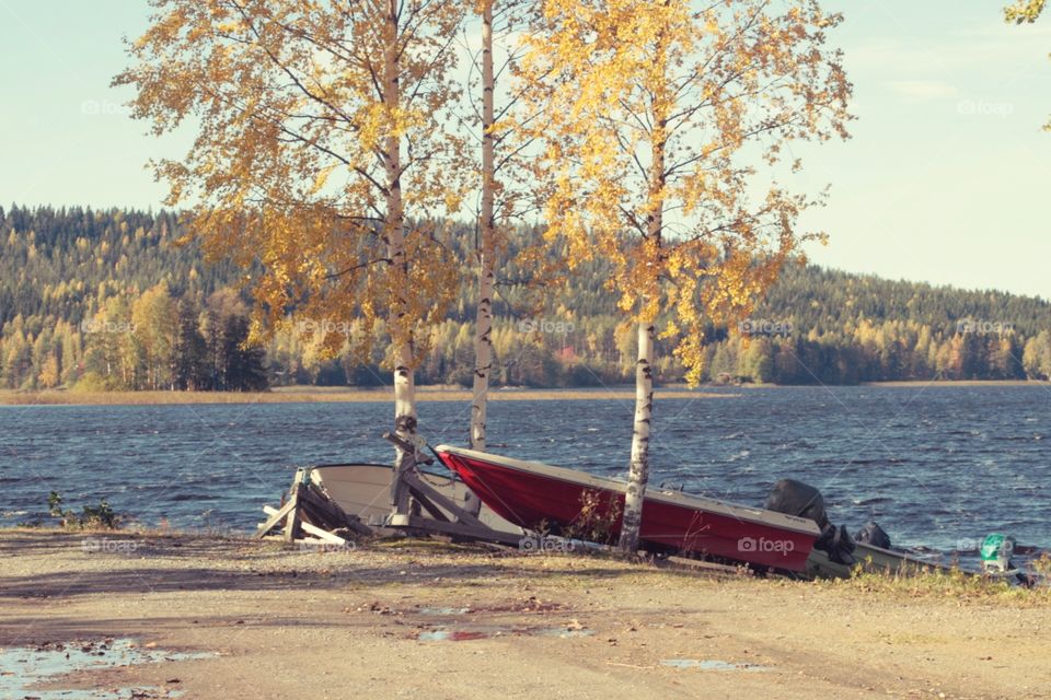 Autumn landscape with water and red boat