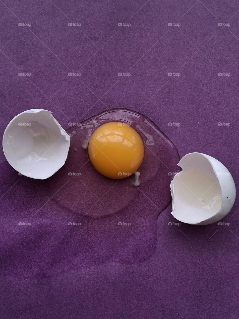 broken chicken egg on a purple background and with a white shell