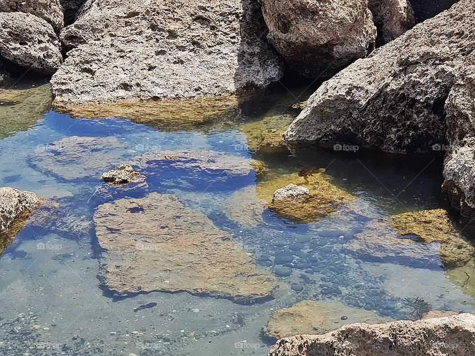 A rock pool is home to some rocks, stones and sea weed. The sea water makes the colour different from the dry rocks.