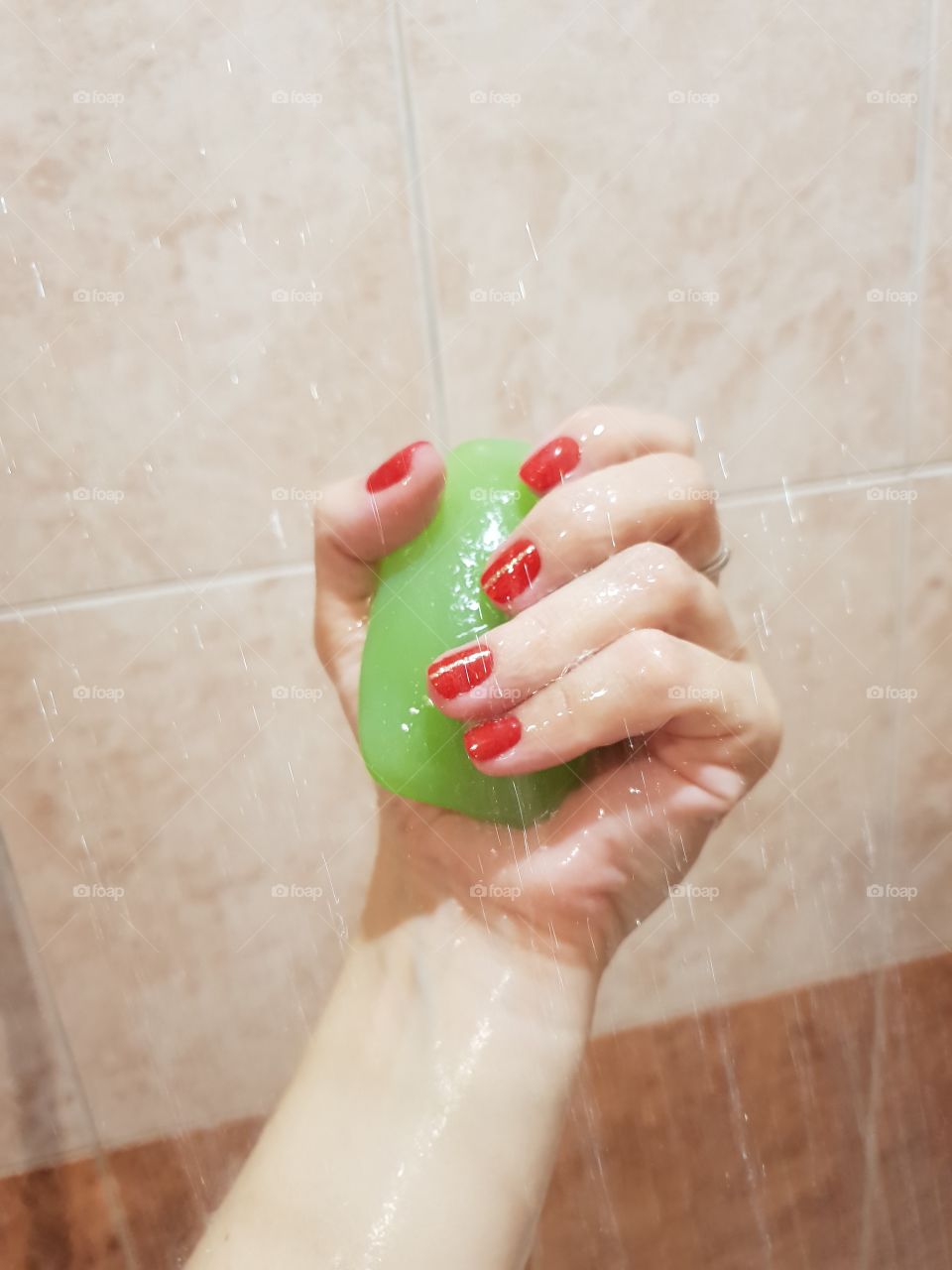 Soap, green soap, manicure, red manicure, shower