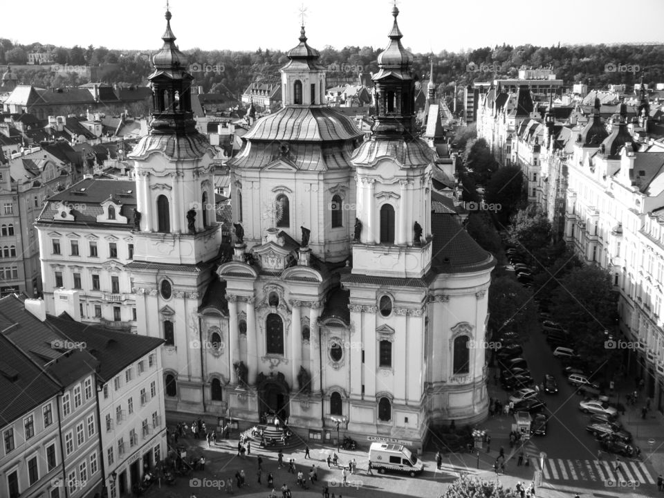 St. Nicholas church. View of St. Nicholas church and the city of Prague from the tower of the Old Town Hall.