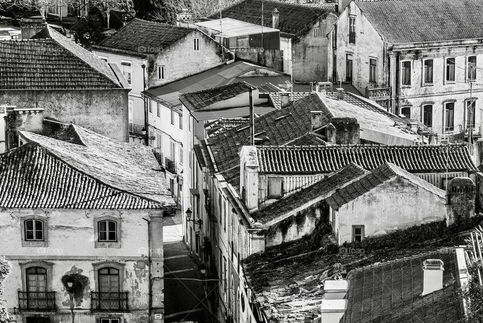 B&W over the rooftops of Leiria old town, Portugal