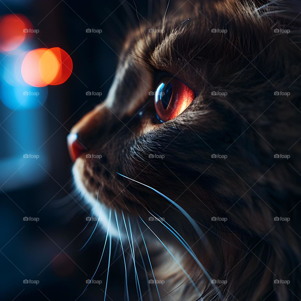close up of a cat face with round eyes, in the style of vray tracing, photo-realistic techniques