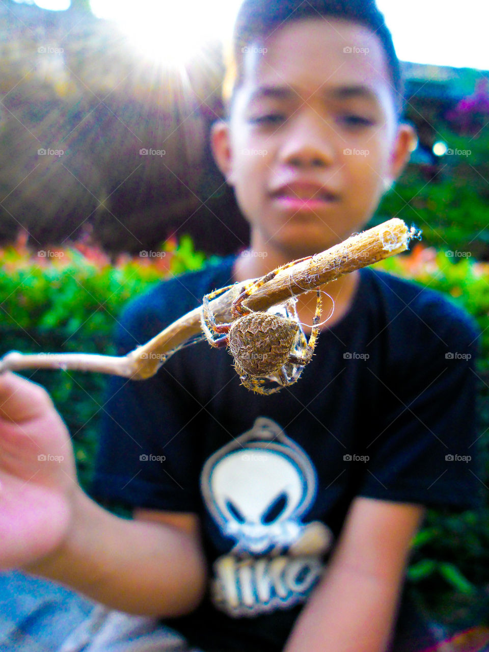 asian boy playing with spiders