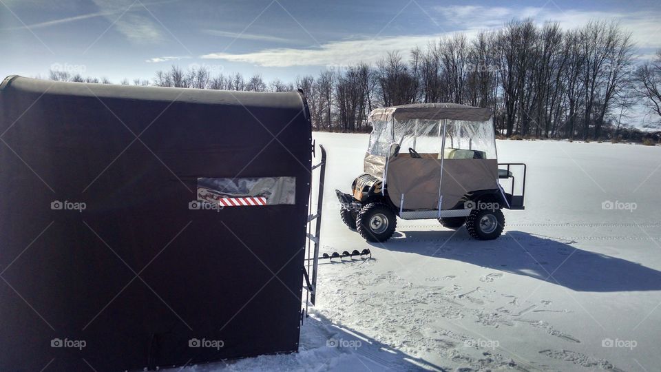 Ice Fishing Northern Indiana compete with Ice Shanty & Enclosed Golf Cart