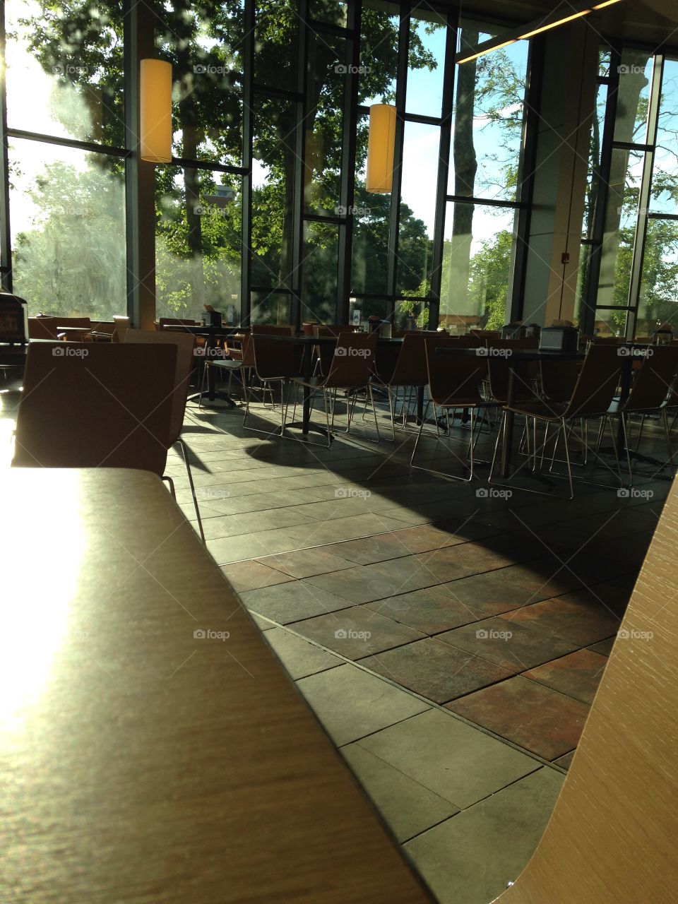 College dining hall seating area first thing in the morning 