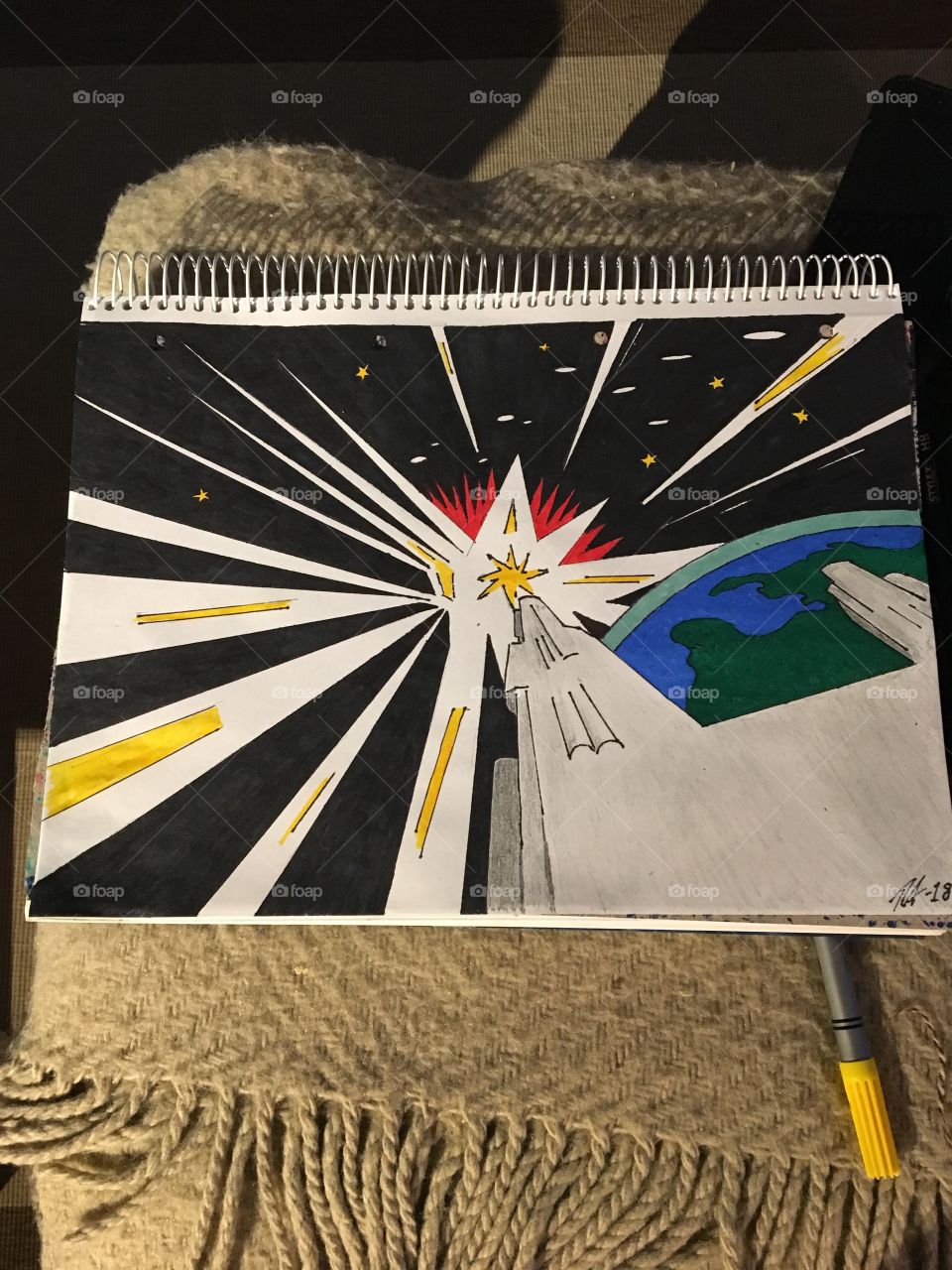 A drawing I have done. Space picture. Space ship. Star. Planet. Science fiction. Comic