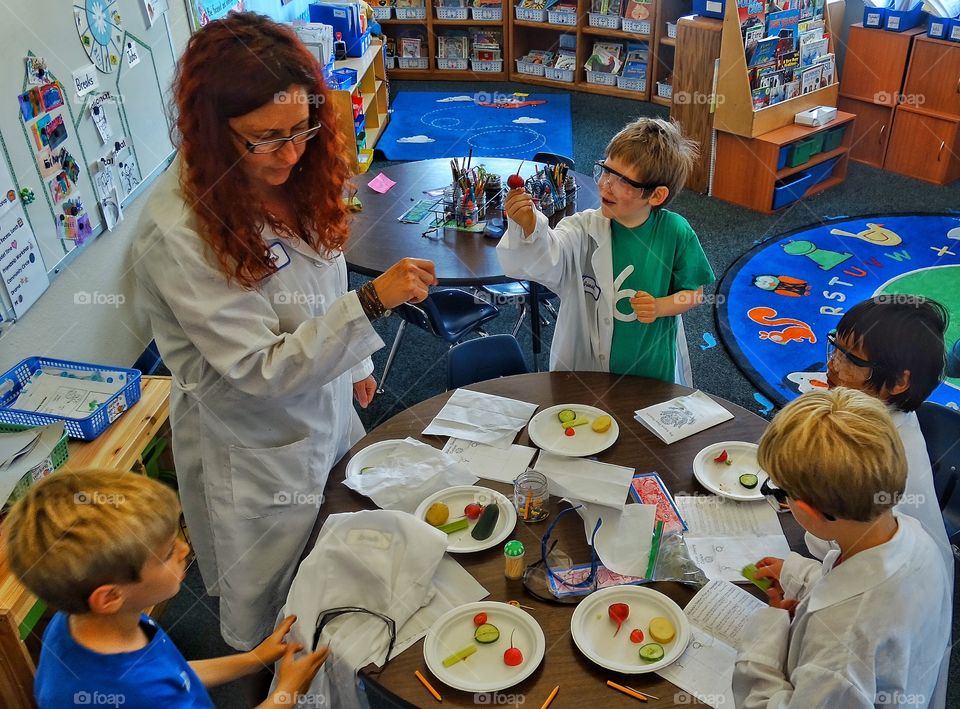 School Science Class. Young Students With Teacher Making A Classroom Science Project
