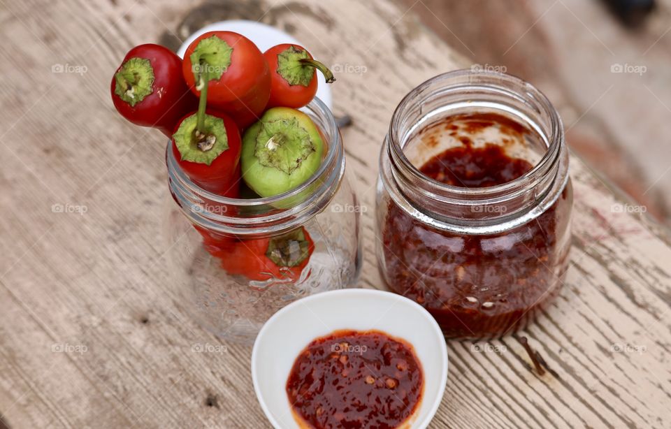 High angle view of pickle with chilli pepper